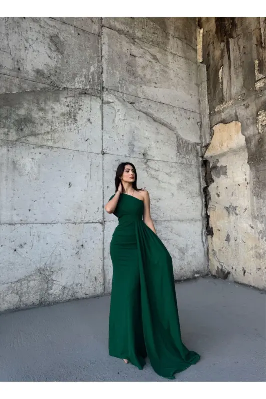 Ewo Sequined One Shoulder Evening Dress-EMERALD - 4