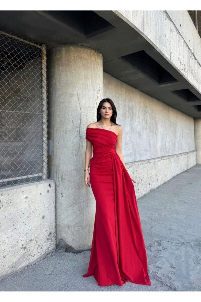 Ewo Tailed One Shoulder Evening Dress-RED - SINDIMODA