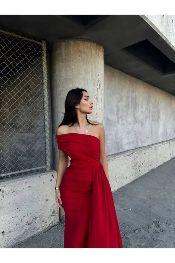 Ewo Tailed One Shoulder Evening Dress-RED - 2