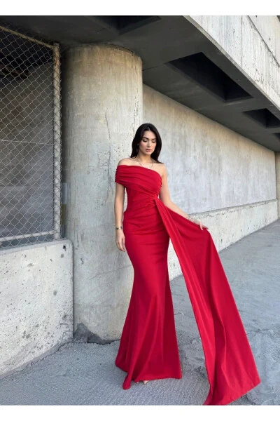 Ewo Tailed One Shoulder Evening Dress-RED - 3