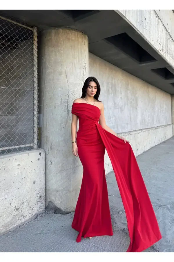 Ewo Tailed One Shoulder Evening Dress-RED - 3