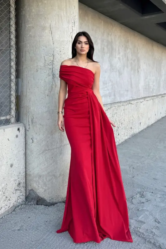 Ewo Tailed One Shoulder Evening Dress-RED - SINDIMODA