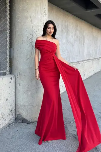 Ewo Tailed One Shoulder Evening Dress-RED - 2