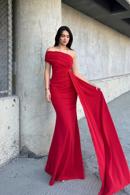 Ewo Tailed One Shoulder Evening Dress-RED - 2