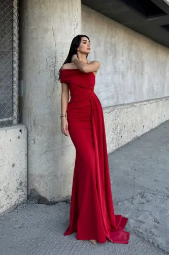 Ewo Tailed One Shoulder Evening Dress-RED - 3