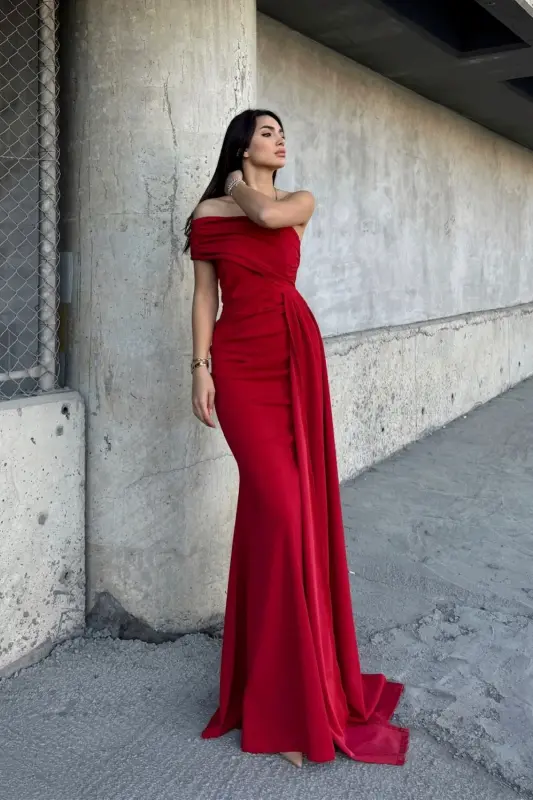 Ewo Tailed One Shoulder Evening Dress-RED - 3