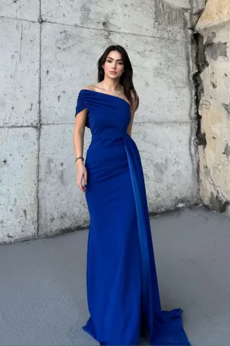 Ewo Tek Omuz Kuyruklu Abiye-Mavi 