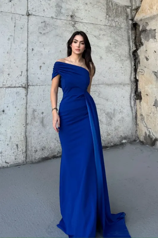 Ewo Tek Omuz Kuyruklu Abiye - Mavi - MEKAFASHION