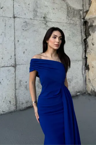 Ewo Tek Omuz Kuyruklu Abiye - Mavi - MEKAFASHION (1)