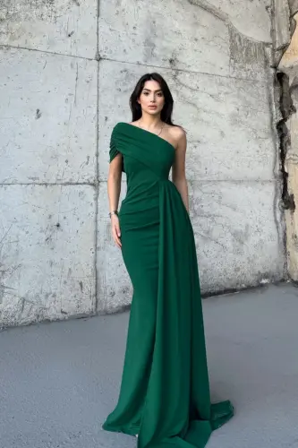 Ewo Tek Omuz Kuyruklu Abiye-Yeşil - 1