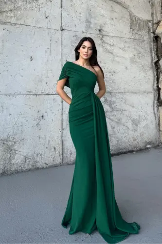 Ewo Tek Omuz Kuyruklu Abiye-Yeşil - MEKAFASHION (1)