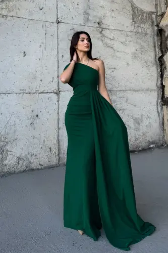 Ewo Tek Omuz Kuyruklu Abiye - Yeşil - 3