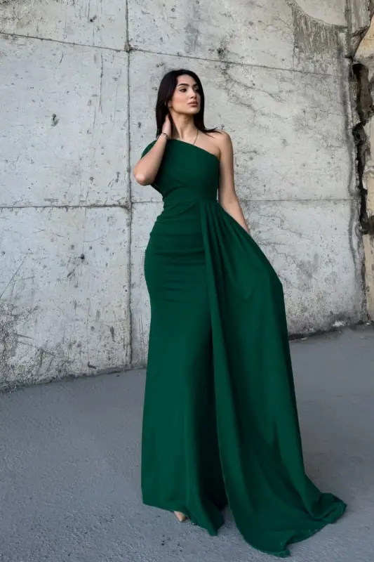 Ewo Tek Omuz Kuyruklu Abiye - Yeşil - 3