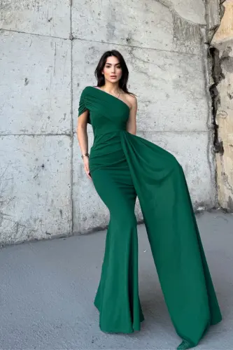 Ewo Tek Omuz Kuyruklu Abiye - Yeşil - 4