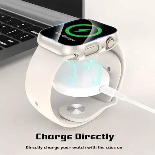 EWUONU 2 Pack Apple Watch Series 9 Series 8/7 41mm uchun qattiq kompyuter g'ilofi, Temperlangan shisha plyonkali bamper tirnalishga qarshi HD Ultra yupqa himoya qopqog'i iWatch Series 9/8/7 41mm uchun, Starlight - 5