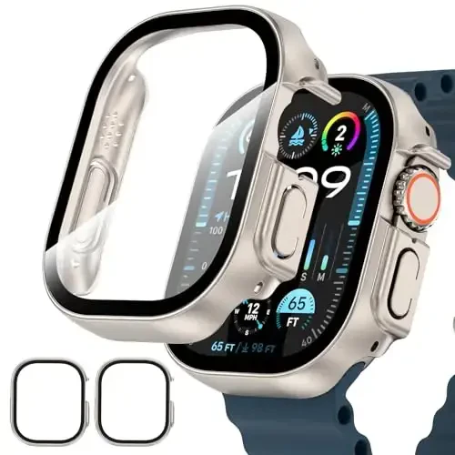 EWUONU 2 Pack Apple Watch Ultra 2/1 49mm uchun qattiq g‘ilof, Temperlangan shisha Bumper tirnalishga qarshi HD Ultra yupqa himoya yuz qopqog‘i, Titan 