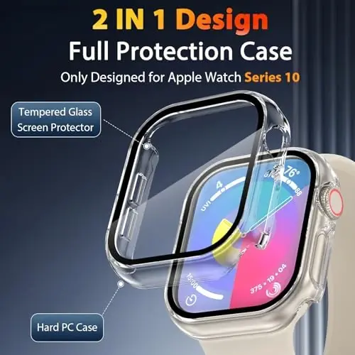 EWUONU 2 Pack Hard Case for Apple Watch Series 11 (2025) Series 10 42mm Screen Protector, Tempered Glass Bumper Anti-Scratch HD Ultra-Thin Protective Face Cover for iWatch Series 11/10 42mm, Clear - 2
