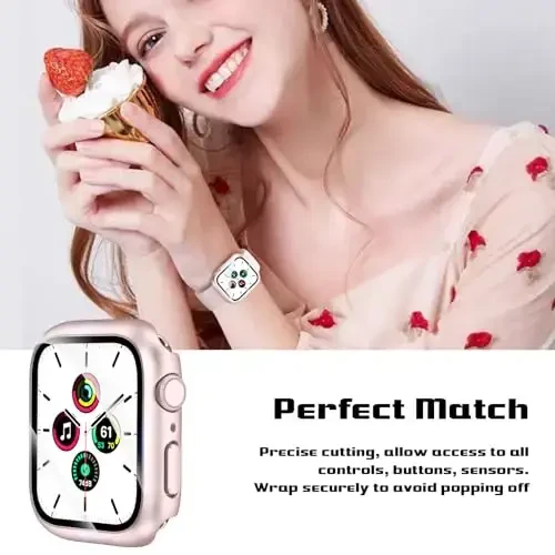 EWUONU 2 Pack Hard Case for Apple Watch Series 9 Series 8/7 45mm Screen Protector, Tempered Glass Bumper Anti-Scratch HD Ultra-Thin Protective Face Cover for iWatch Series 9/8/7 45mm, Original Pink - 5