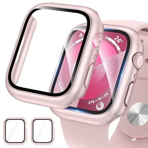 EWUONU 2 Pack Hard Case for Apple Watch Series 9 Series 8/7 45mm Screen Protector, Tempered Glass Bumper Anti-Scratch HD Ultra-Thin Protective Face Cover for iWatch Series 9/8/7 45mm, Original Pink - EWUONU