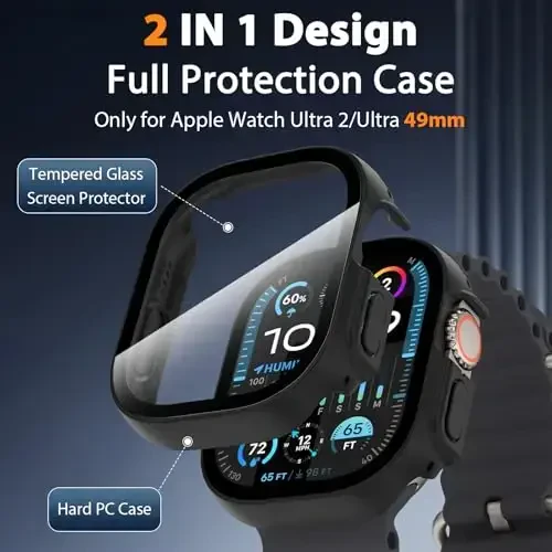 EWUONU 2 Pack Hard Case for Apple Watch Ultra 3/2/Ultra 49mm Screen Protector, Tempered Glass Bumper Anti-Scratch HD Ultra-Thin Protective Face Cover for iWatch Ultra 3/2/1 49mm, Black - 2