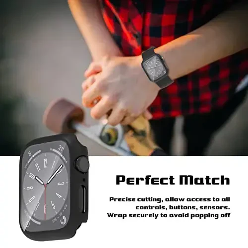 EWUONU 2 Pack Hard PC Case for Apple Watch Series 9 Series 8/7 45mm Screen Protector, Tempered Glass Film Hard Bumper Anti-Scratch HD Ultra-Thin Protective Cover for iWatch Series 9/8/7 45mm, Black - 4