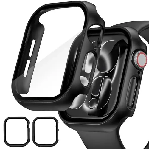 EWUONU 2 Pack Hard Case for Apple Watch Series 11 (2025) Series 10 42mm Screen Protector, Tempered Glass Bumper Anti-Scratch HD Ultra-Thin Protective Face Cover for iWatch Series 11/10 42mm, Black - 1