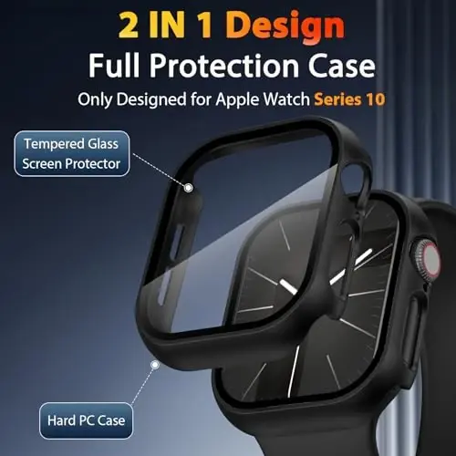 EWUONU 2 Pack Hard Case for Apple Watch Series 11 (2025) Series 10 42mm Screen Protector, Tempered Glass Bumper Anti-Scratch HD Ultra-Thin Protective Face Cover for iWatch Series 11/10 42mm, Black - 2