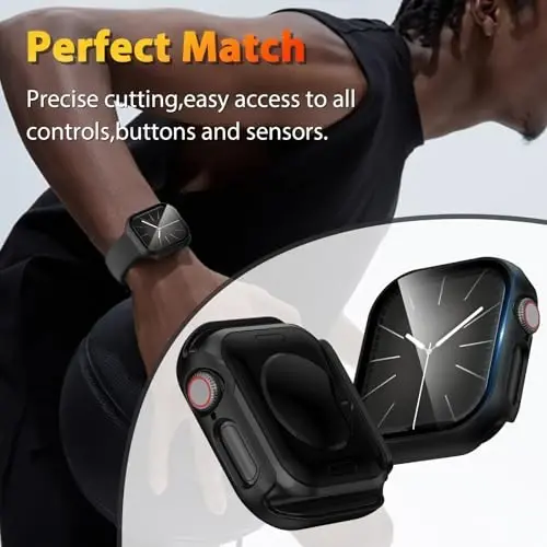 EWUONU 2 Pack Hard Case for Apple Watch Series 11 (2025) Series 10 42mm Screen Protector, Tempered Glass Bumper Anti-Scratch HD Ultra-Thin Protective Face Cover for iWatch Series 11/10 42mm, Black - 5