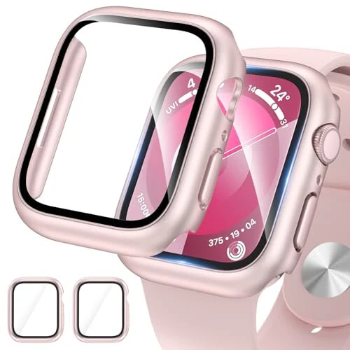 EWUONU 2 Pack Hard Case for Apple Watch Series 9 Series 8/7 41mm Screen Protector, Tempered Glass Bumper Anti-Scratch HD Ultra-Thin Protective Face Cover for iWatch Series 9/8/7 41mm, Original Pink 