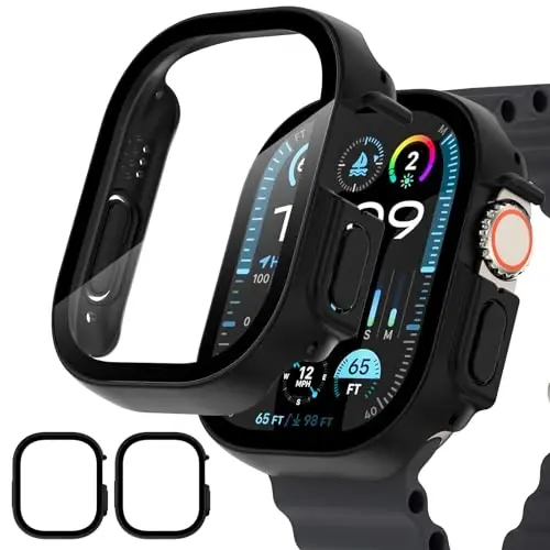 EWUONU 2 Pack Hard Case for Apple Watch Ultra 3/2/Ultra 49mm Screen Protector, Tempered Glass Bumper Anti-Scratch HD Ultra-Thin Protective Face Cover for iWatch Ultra 3/2/1 49mm, Black - EWUONU