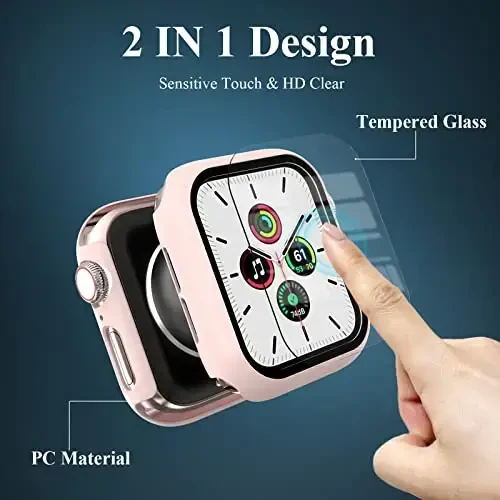 EWUONU 3 Pack Case Apple Watch SE 3 Series 6/5/4 40mm bilan mos keladi, Tempered Glass Screen Protector, Hard PC Full Coverage Ultra-Thin HD Bumper Cover iWatch 40mm uchun, Rose Gold/Pink/Clear - 2