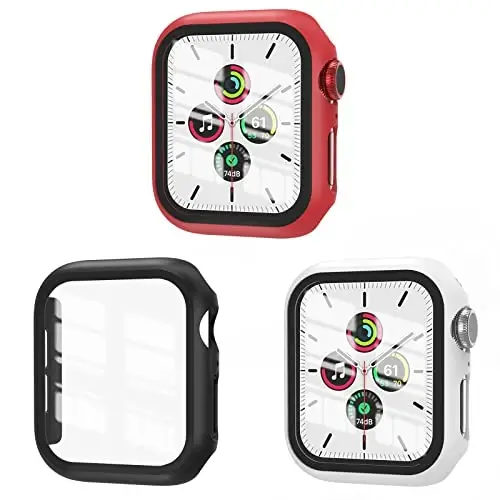EWUONU 3 Pack Case Apple Watch SE 3 Series 6/5/4 40mm bilan mos keladi, Tempered Glass Screen Protector, Hard PC Full Coverage Ultra-Thin HD Bumper Protective Cover iWatch 40mm uchun, Qora/Oq/Qizil - EWUONU