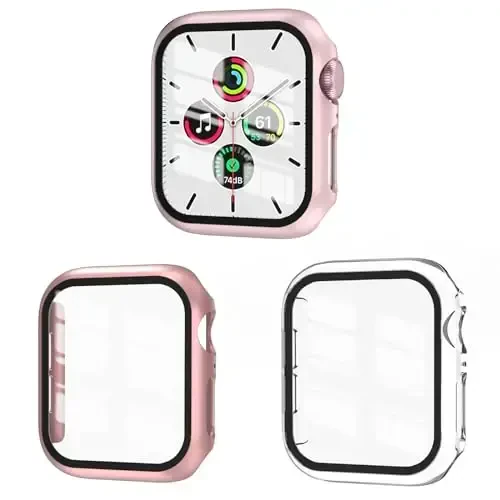 EWUONU 3 Pack Case Compatible with Apple Watch SE 3 Series 6/5/4 40mm with Tempered Glass Screen Protector, Hard PC Full Coverage Ultra-Thin HD Bumper Cover for iWatch 40mm,Rose Gold/Pink/Clear - 1