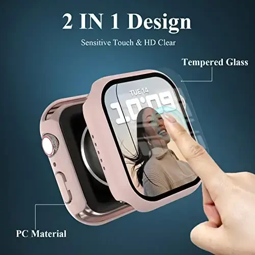 EWUONU 3 Pack Case Compatible with Apple Watch Series 9/8/7 41mm with Tempered Glass Screen Protector, Hard PC Full Cover Ultra-Thin HD Bumper Protective Cover for iWatch 41mm, Rose Gold/Pink/Clear - 2