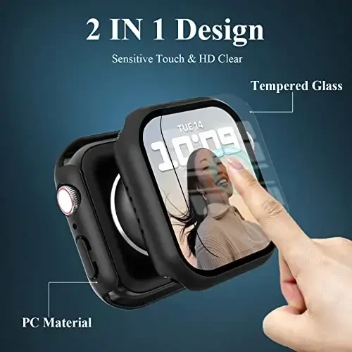 EWUONU 3 Pack Case Compatible with Apple Watch Series 9/8/7 41mm with Tempered Glass Screen Protector, Hard PC Full Coverage Ultra-Thin HD Bumper Protective Cover for iWatch 41mm, Black/Black/Black - 2