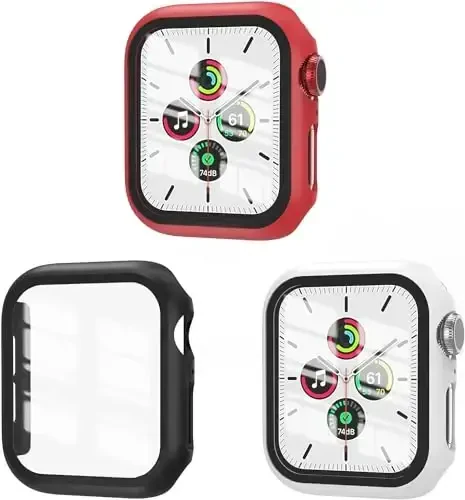 EWUONU [3 Pack] Case for Apple Watch Series 9/8/7 45mm with Tempered Glass Screen Protector, Hard PC Full Coverage Ultra-Thin HD Bumper Protective Cover for iWatch Series 9/8/7 45mm, Black/White/Red 