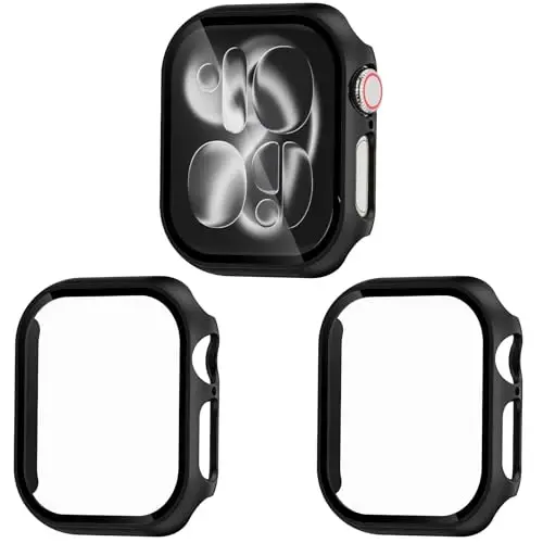 EWUONU 3 Pack Hard Case for Apple Watch Series 10 42mm Screen Protector, Tempered Glass Bumper Anti-Scratch HD Ultra-Thin Protective Face Cover for iWatch Series 10 42mm, Black 