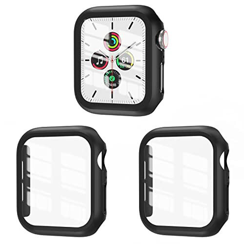 EWUONU 3 taʼrifi qopqoq, Apple Watch SE 6/5/4 40mm seriyasi bilan mos keladi, Temperlangan shisha ekran himoyachi, Qattiq kompyuter to'liq qoplama Ultra ingichka HD bamper himoya qopqog'i iWatch 40mm uchun, Qora/Qora/Qora 