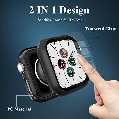 EWUONU 3 taʼrifi qopqoq, Apple Watch SE 6/5/4 40mm seriyasi bilan mos keladi, Temperlangan shisha ekran himoyachi, Qattiq kompyuter to'liq qoplama Ultra ingichka HD bamper himoya qopqog'i iWatch 40mm uchun, Qora/Qora/Qora - 2