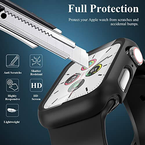 EWUONU 3 taʼrifi qopqoq, Apple Watch SE 6/5/4 40mm seriyasi bilan mos keladi, Temperlangan shisha ekran himoyachi, Qattiq kompyuter to'liq qoplama Ultra ingichka HD bamper himoya qopqog'i iWatch 40mm uchun, Qora/Qora/Qora - 3