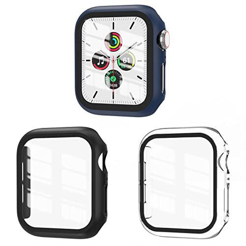 EWUONU 3 Pack Case Compatible with Apple Watch SE 3 Series 6/5/4 44mm with Tempered Glass Screen Protector, Hard PC Full Coverage Ultra-Thin HD Bumper Protective Cover for iWatch 44mm,Black/Blue/Clear - 1