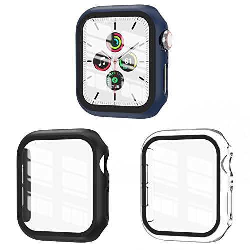 EWUONU 3 Pack Case Compatible with Apple Watch SE 3 Series 6/5/4 44mm with Tempered Glass Screen Protector, Hard PC Full Coverage Ultra-Thin HD Bumper Protective Cover for iWatch 44mm,Black/Blue/Clear - EWUONU