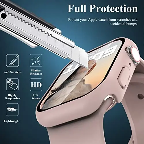 EWUONU 3'lü Kılıf, Apple Watch Series 9/8/7 41mm ile Uyumlu, Temperli Cam Ekran Koruyuculu, Sert PC Tam Kapak Ultra İnce HD Tampon Koruyucu iWatch 41mm için, Rose Gold/Pembe/Şeffaf - 3