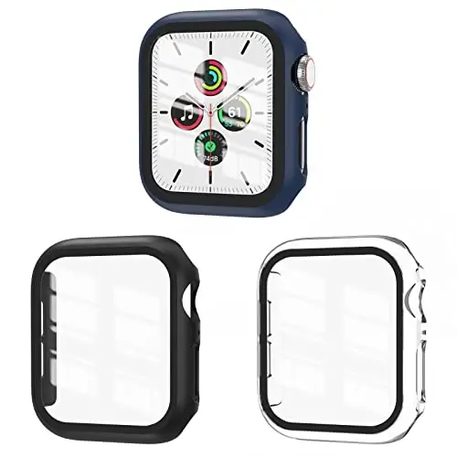 EWUONU 3'lü Kılıf, Temperli Cam Ekran Koruyuculu Apple Watch SE 3. Seri 6/5/4 40mm ile Uyumlu, Sert PC Tam Kaplama Ultra İnce HD Tampon Koruyucu iWatch 40mm için Kapak, Siyah/Mavi/Şeffaf - 1