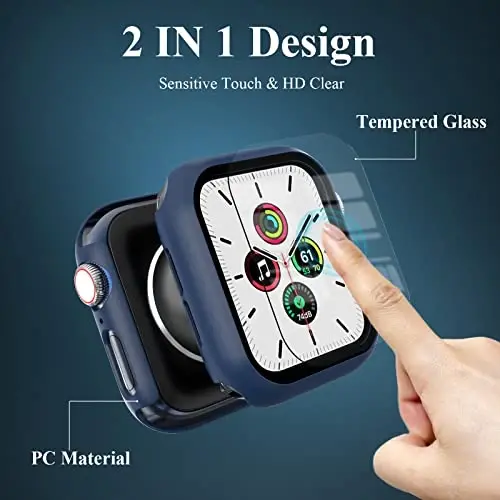 EWUONU 3'lü Kılıf, Temperli Cam Ekran Koruyuculu Apple Watch SE 3. Seri 6/5/4 40mm ile Uyumlu, Sert PC Tam Kaplama Ultra İnce HD Tampon Koruyucu iWatch 40mm için Kapak, Siyah/Mavi/Şeffaf - 2
