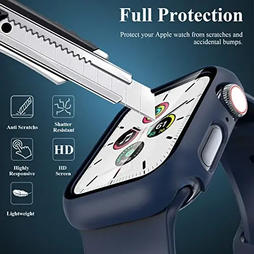 EWUONU 3'lü Kılıf, Temperli Cam Ekran Koruyuculu Apple Watch SE 3. Seri 6/5/4 40mm ile Uyumlu, Sert PC Tam Kaplama Ultra İnce HD Tampon Koruyucu iWatch 40mm için Kapak, Siyah/Mavi/Şeffaf - 3