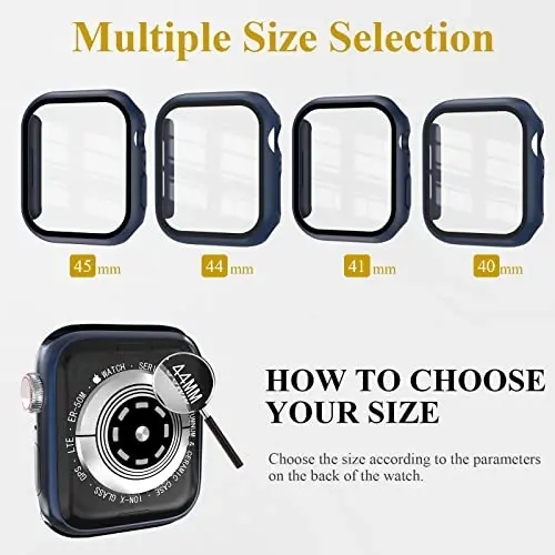 EWUONU 3'lü Kılıf, Temperli Cam Ekran Koruyuculu Apple Watch SE 3. Seri 6/5/4 40mm ile Uyumlu, Sert PC Tam Kaplama Ultra İnce HD Tampon Koruyucu iWatch 40mm için Kapak, Siyah/Mavi/Şeffaf - 6