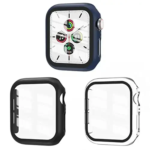 EWUONU 3 Pack Case Compatible with Apple Watch SE 3 Series 6/5/4 40mm with Tempered Glass Screen Protector, Hard PC Full Coverage Ultra-Thin HD Bumper Protective Cover for iWatch 40mm,Black/Blue/Clear 
