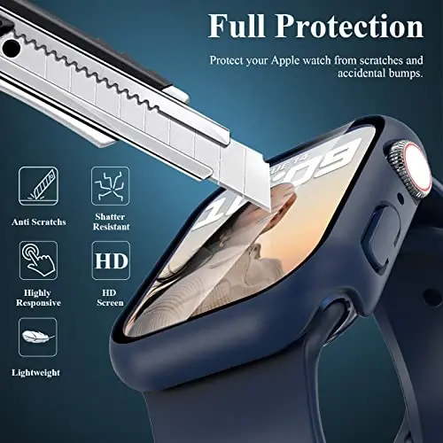 EWUONU 3'lü Kılıf, Temperli Cam Ekran Koruyuculu Apple Watch Series 9/8/7 45mm ile Uyumlu, Sert PC Tam Kapsama Ultra İnce HD Tampon Koruyucu Kapak, iWatch 45mm için, Siyah/Mavi/Şeffaf - 3