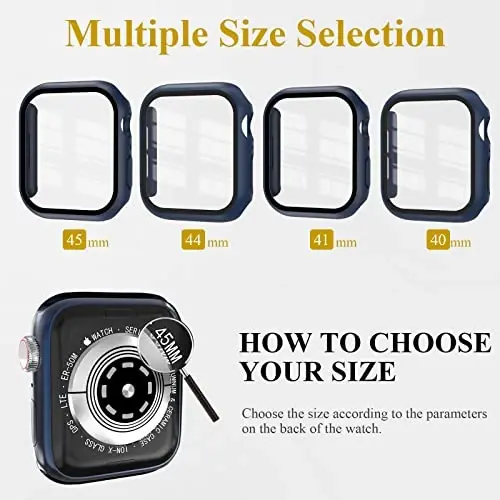 EWUONU 3 Pack Case Compatible with Apple Watch Series 9/8/7 45mm with Tempered Glass Screen Protector, Hard PC Full Coverage Ultra-Thin HD Bumper Protective Cover for iWatch 45mm, Black/Blue/Clear - 6